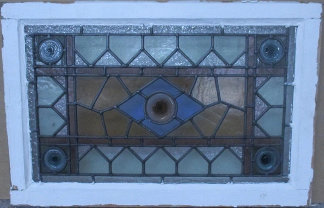 MIDSIZE OLD ENGLISH LEADED STAINED GLASS WINDOW Pretty Geometric 25" x 16.5"
