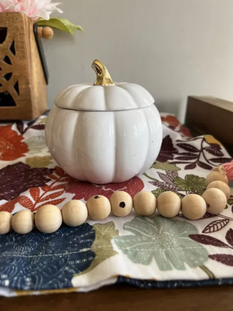 White And Gold Pumpkin Shaped Candle Holder 4” Wide With Lid