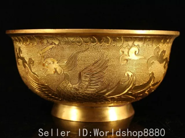 5" ancient Chinese copper Gilt Tang Dynasty phoenix Bowl Bowls