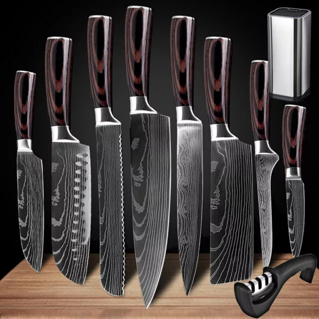 Stainless Steel Kitchen Knife Set Japanese Damascus Pattern Cleaver Chef Knives