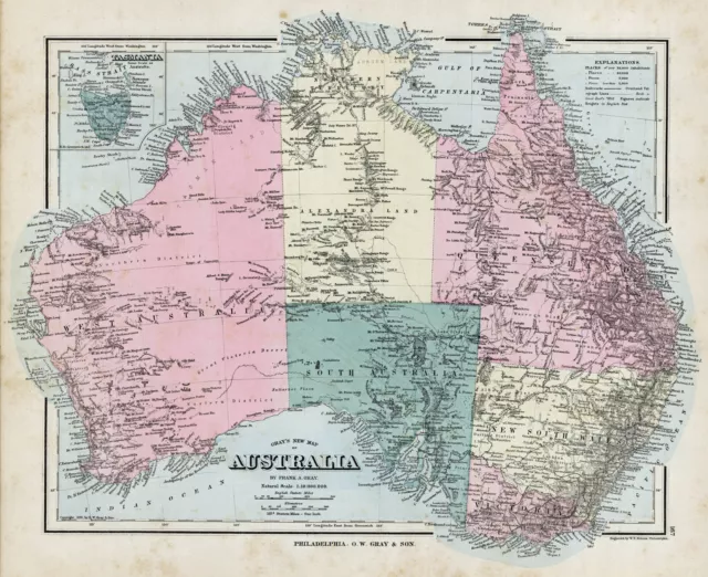 1876 O. W. Gray & Sons "Grays New Map of Australia"  (Original Map, Color)