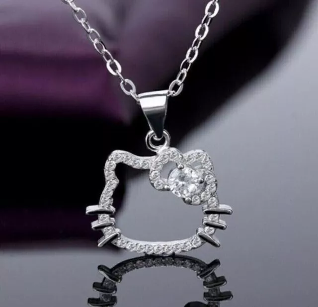 Hello Kitty Cat Pendant Necklace 0.75Ct Moissanite 14K White Gold Plated 3