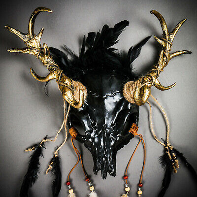 Black Antelope Devil Animal Skull Golden Horn Halloween Masquerade Mask Headgear 2