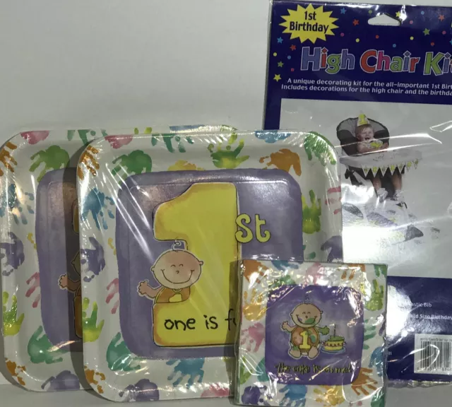 Babys 1st Birthday Party Kit 16 Plates Napkins Treat Bags +High Chair Decor BNIP