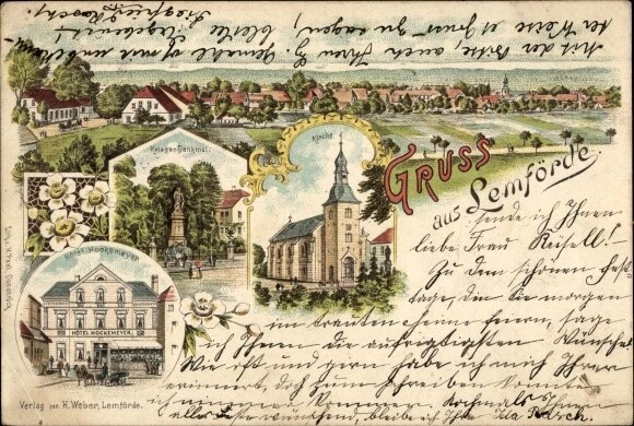 Litho Lemförde in Niedersachsen, Kirche, Kriegerdenkmal, Hotel... - 3773535
