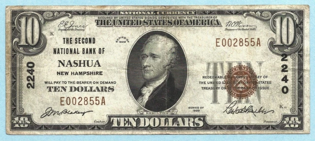 $10 National Currency 1929 - Type 1 - Ch#2240 - 2nd NB, Nashua, NH - VF+/ChVF