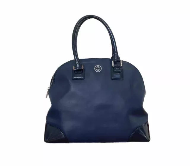 Tory Burch Robinson Dome Satchel Tote Bag Navy Saffiano Leather Purse