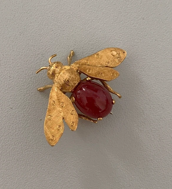 Broche Ancienne En Or 9 Carats - Forme Mouche/abeille Avec Perle Et Saphir