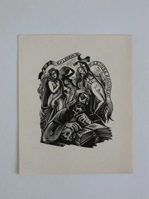 Erotisches Exlibris für Antoine Rousseau. Motiv: Mönch vor drei weiblichen Akten