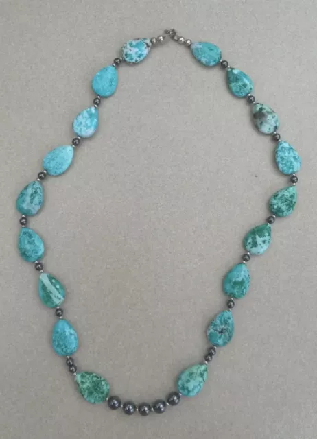 Turquoise Dyed Howlite Sterling Silver Hematite Beaded Necklace 925 Beads/clasp