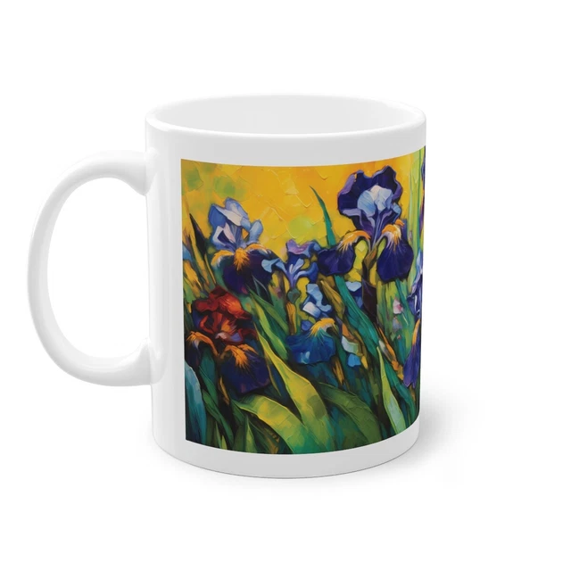 Iris Tasse, van Gogh inspirierte Kaffeetasse, weiße Keramiktasse, 0,33 L