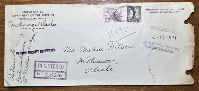1934 US Dept Of Interior Land Office Penalty Cover Anchorage Alaska Registered
