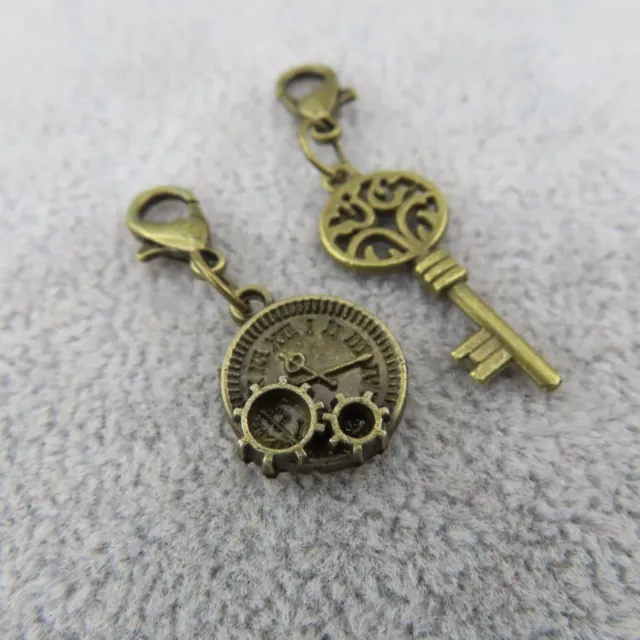 GEAR CLOCK & KEY Charms Zipper Pull Keyring Add On Clip Bronze Tone Steampunk