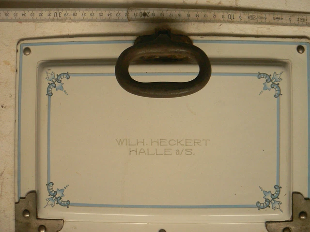 alte Ofenklappe,Emaille,Wilh. Heckert,Halle a.S.,Shabby,Vintage,alt,gebraucht