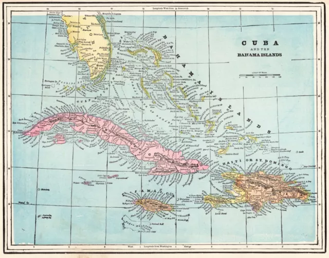 1896 Antique Map of CUBA Bahamas Jamaica George Cram Map of Haiti Dominica 510