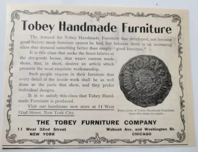 Tobey Handmade Furniture Higher Quality Designs 1905 Original Ad ~6x4.5"