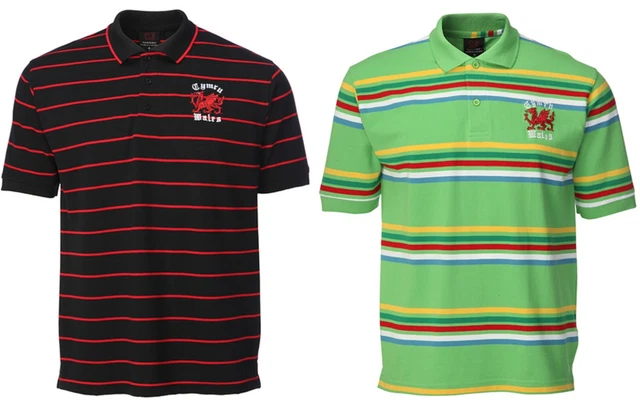Polo da rugby da uomo nuovo Galles Cymru logo drago gallese filato tinta a righe