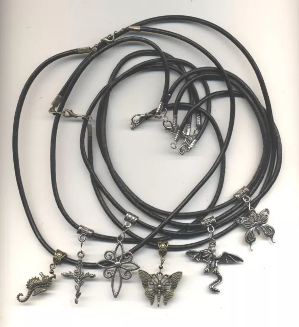 18" Black Leather Necklace with Tibetan Silver, Brass and Bronze Pendants