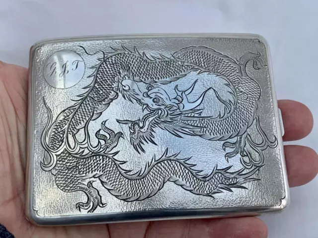 Superb Antique Silver Dragon Decorated Cigarette Case By Tackhing of Hong Kong