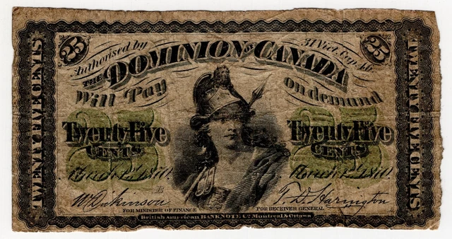 1870 Dominion Of Canada 25 Cent Banknote Shinplaster Nice Bill Large B