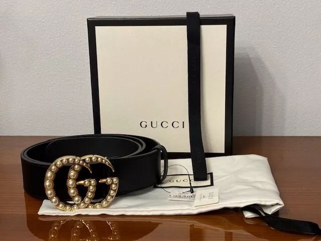 GUCCI WOMEN’S LEATHER belt with pearl double G Buckle,size Gucci 100 ...