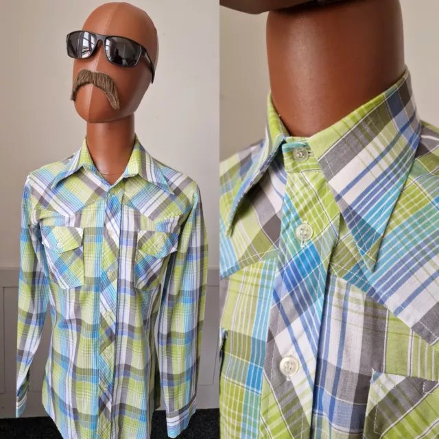 Vintage Dagger Collar SHIRT Size Medium Green Check Mod 1970s Single Cuff BA18