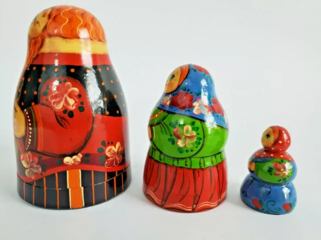 Unusual Unique Matryoshka Doll Made in Russia - Signed / 3 piece / Bottom Open 3