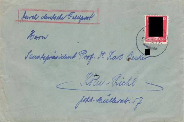 898404) 2. WK Zensur-Blg 1943 von Paris nach Köln-Riehl, über deutsche Feldpost