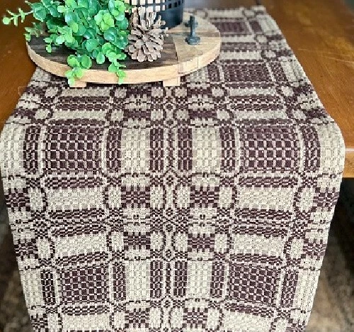 New Primitive Chocolate Brown Tan COVERLET TABLE RUNNER Woven Topper 32"