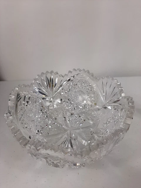 Antique ABP American Brilliant Period Cut Crystal Hobstar Fan Sawtooth Bowl 8"