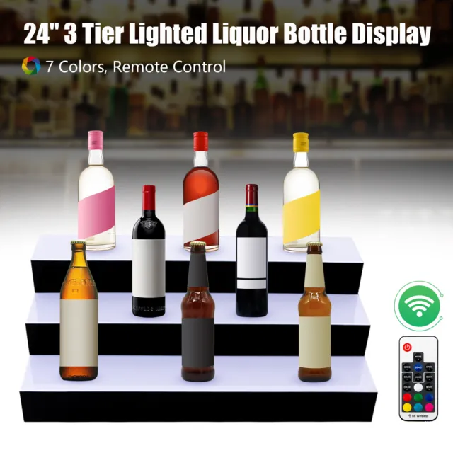 Liquor Bottle Display LED Shelf 3-Step 24" 7 Colors Lighting with Remote Control