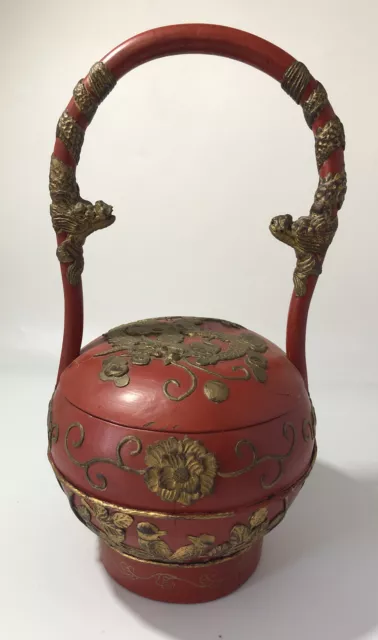 Antique Chinese Lacquer Dragon Gold Gilt Wooden Carved Wedding Basket Wax Seal