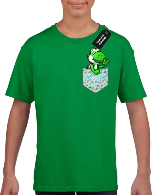 Dino Pocket Kids Childrens T-Shirt Top Funny Gamer Gaming Boys Girls Cute (Col