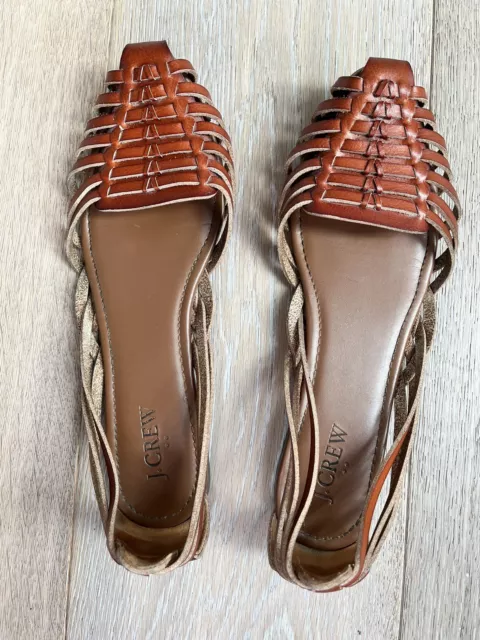 J Crew Leather Huarache Strappy Flats Sandals Size 9 True Tan Brown