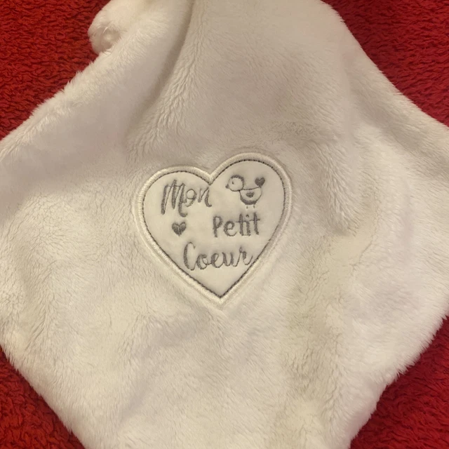 🇫🇷 Doudou Lapin Blanc Mouchoir Cœur Gris Mon Petit Cœur POMMETTE 100 % NEUF 3
