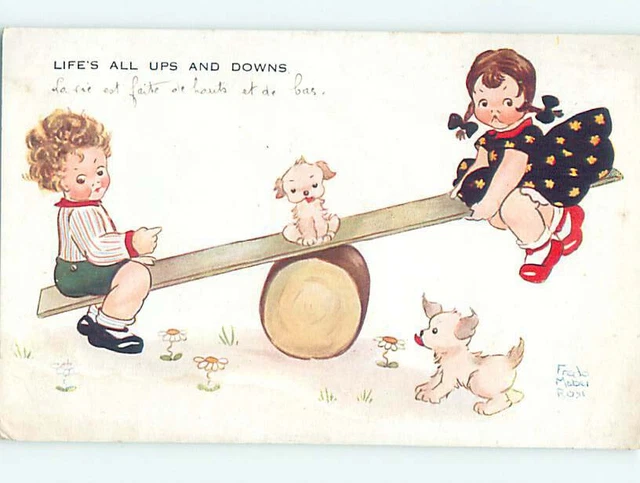Pre-Linen signed DOG IN THE MIDDLE OF KIDS TEETER TOTTER J4879