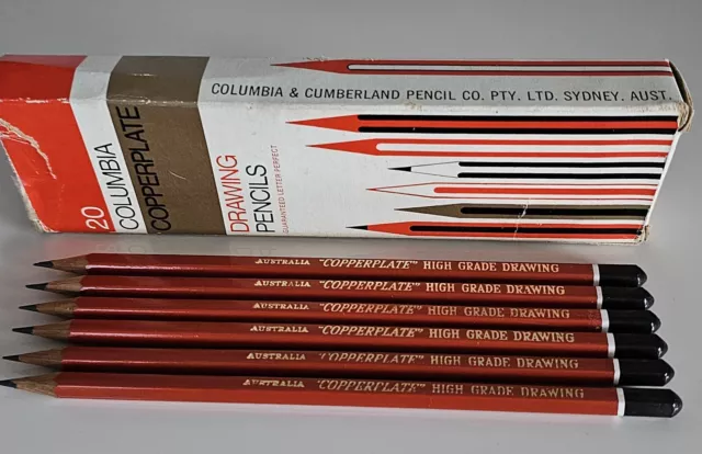 Vintage Columbia Copperplate 2H Lead Drawing Pencils X 6 Boxed Made In Australia