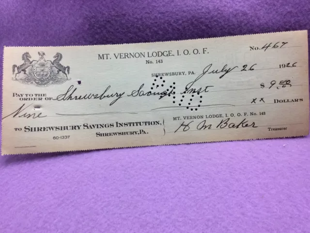 Vtg.  Lot of 30  1926 Checks Mt. Vernon Lodge I. O. O. F. No. 143 Shrewsbury Pa.