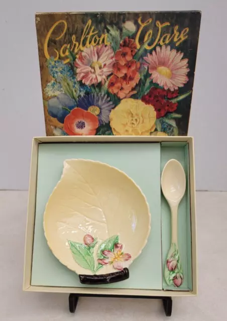 New In Box Vtg Antique 50s Carlton Ware Jam Dish with spoon England Yellow