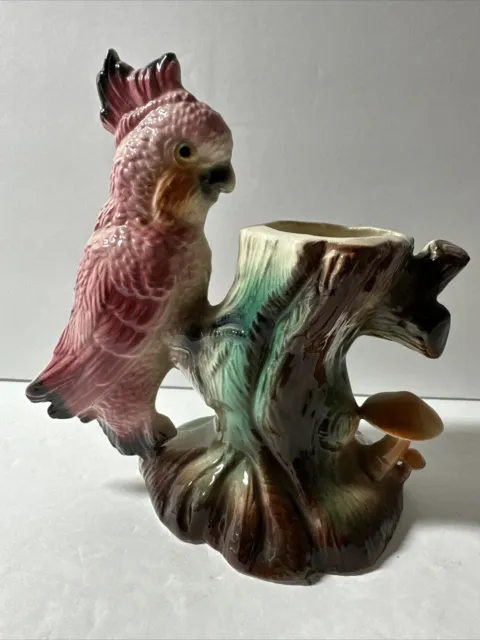 Vintage Tropical Bird Ceramic Planter #505- Pink Cockatiel w/ Mushrooms   5.75”