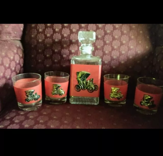Vintage Decanter Model "A" Car & 4 Shot Glasses