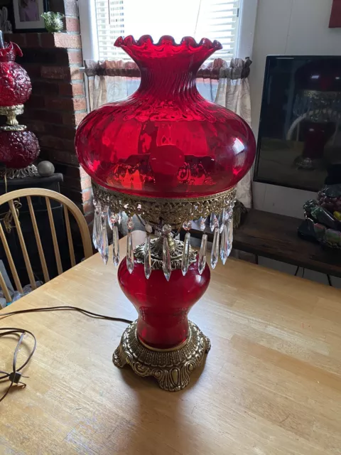 Vintage Red lamp hurricane Antique VERY LARGE ! Beautiful ! W/ Crystals