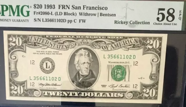 $20 1993 Pmg58 Epq Choice About Unc Federal Reserve Note San Francisco      9126