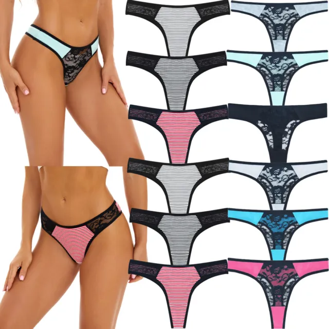 6 Pack Womens Sexy Lace Knickers Cotton Thongs G-string Seamless Underwear Panty