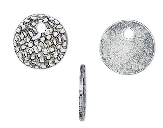 100 Antiqued Silver Plated Brass Small 7mm Textured Coin Drop Charms `