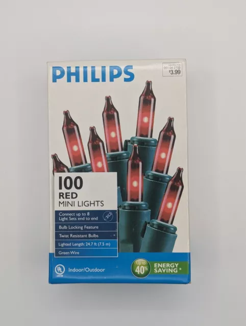 Philips 100ct Christmas Incandescent Heavy Duty Mini Red Lights 24 Feet