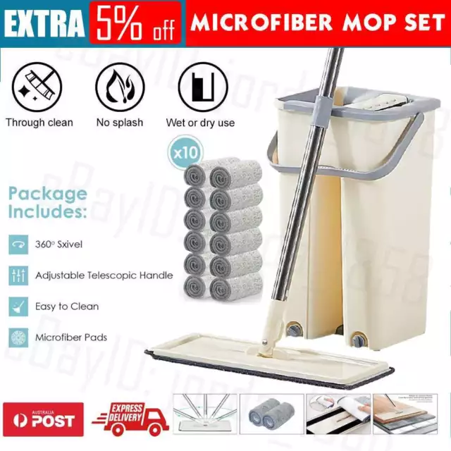 Mop Bucket Wet Dry Rinse Wash 360 Rotating Squeeze Flat Floor Cleaner with Pads