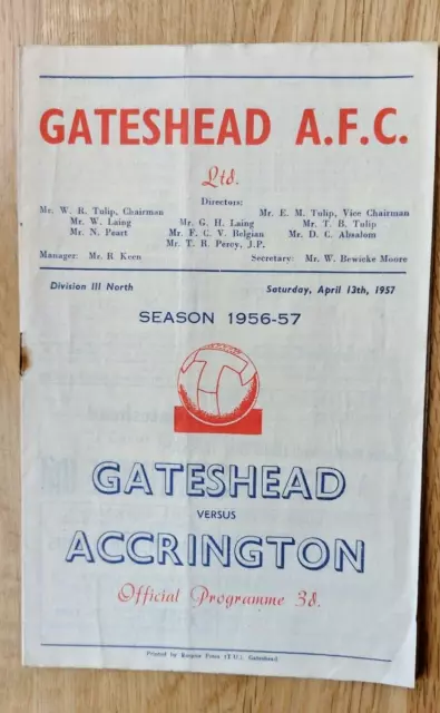 GATESHEAD v ACCRINGTON STANLEY 1956-57 DIVISION 3 NORTH PROGRAMME