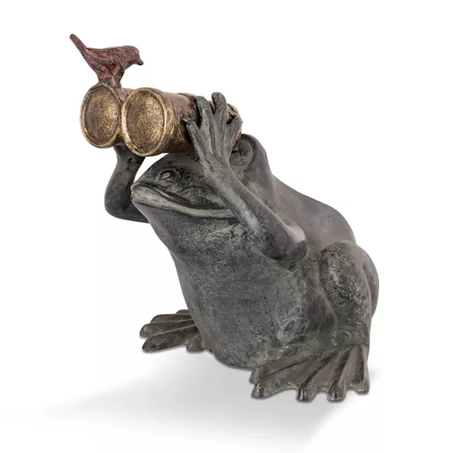 Fantasy Gray Aluminum Whimsy Frog Spectator With Bird Garden Sculpture Decor