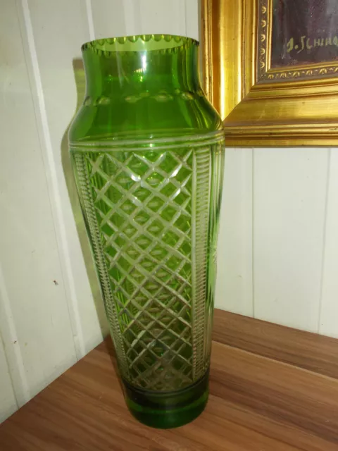 Grand vase  cristal doublé couche vert taillé losanges 35 cm 1kg500 Art Déco